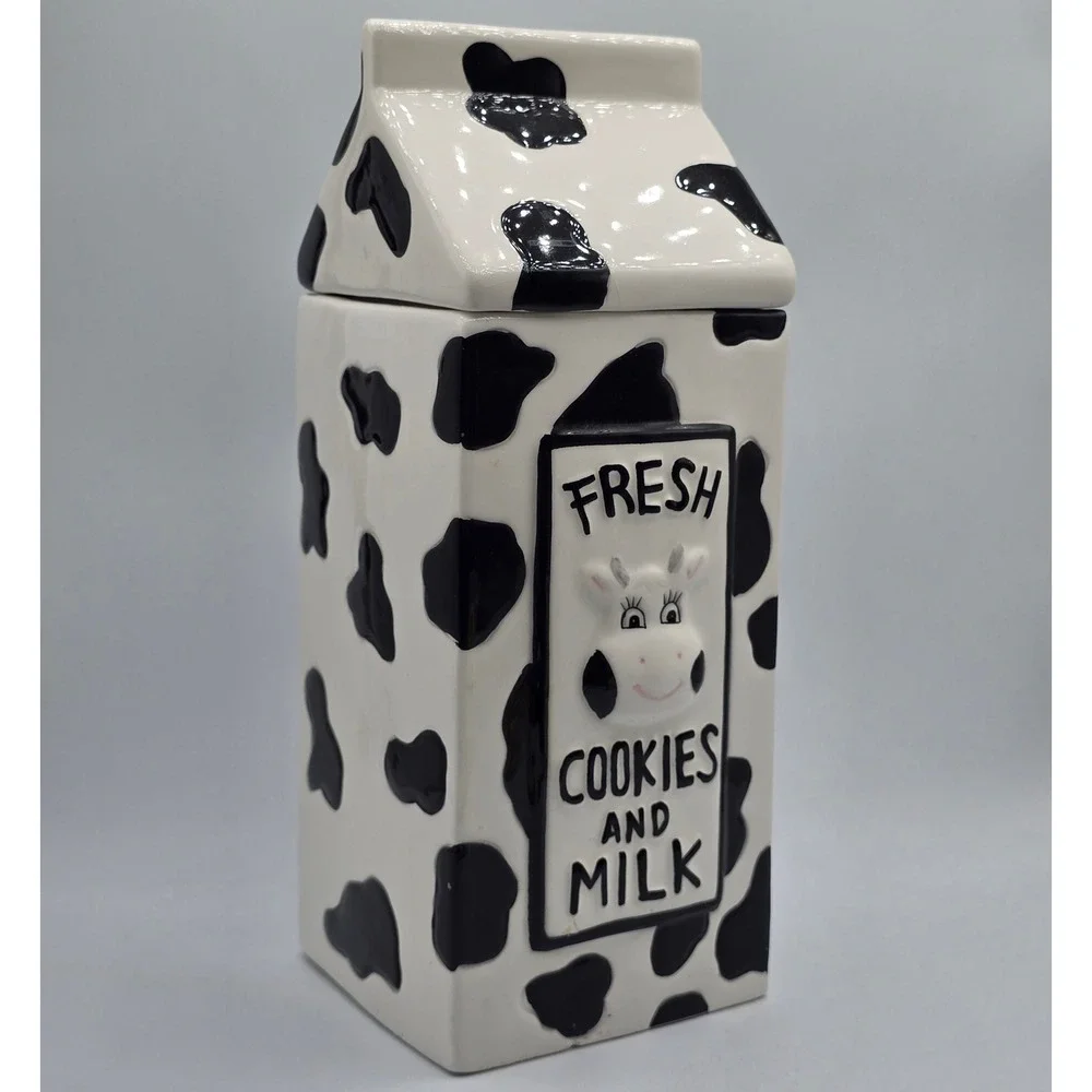 Houston Harvest Cow Print Milk Carton Ceramic Cookie Jar Fresh Cookies and Milk